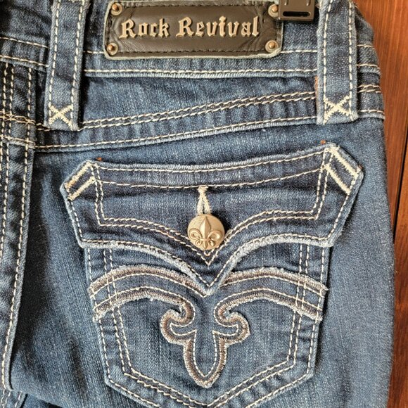 Rock Revival Women Deborah Boot Cut Jean 27 Med/Dark Wash Silver Metallic Stitch - Picture 12 of 15